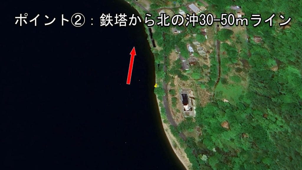 琵琶湖の海津大崎義経浜のバス釣りポイントで北の沖30-50ｍ