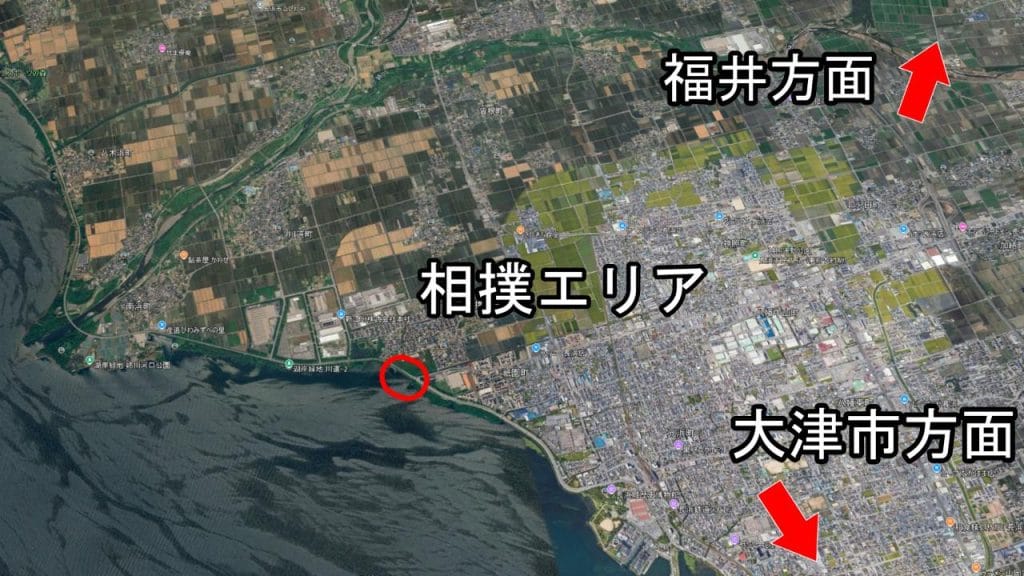 琵琶湖の相撲エリアのバス釣りポイントの位置