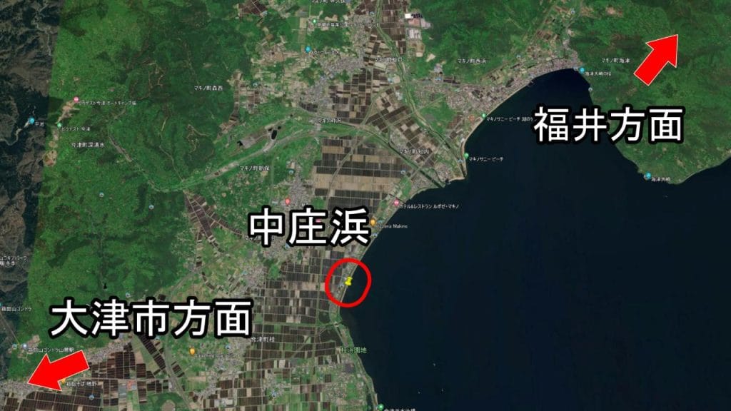 琵琶湖の高島市にある中庄浜突堤のバス釣りのポイントの位置