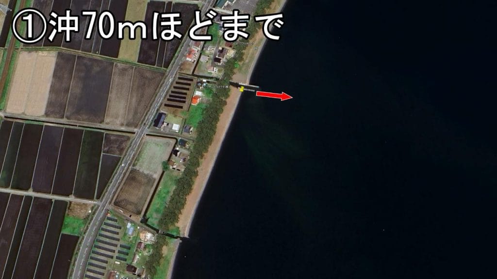 琵琶湖の中庄浜突堤のバス釣りポイントの沖70ｍほど