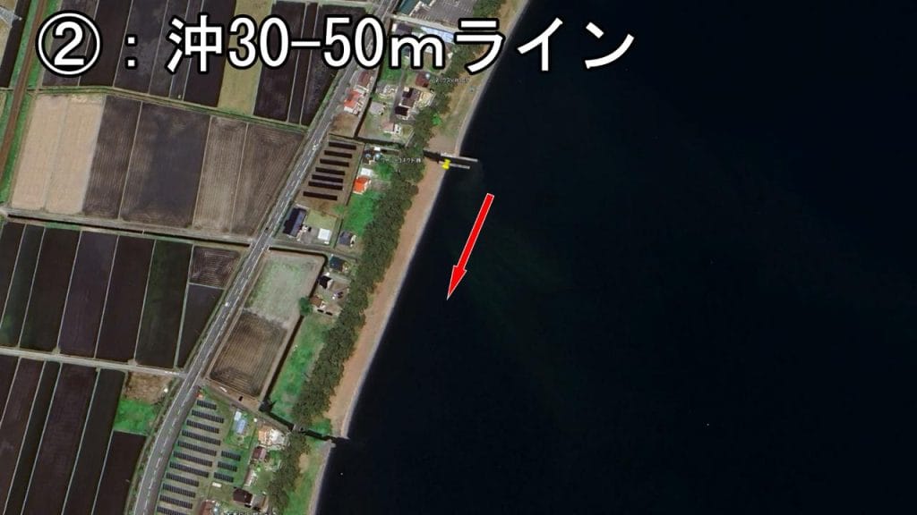 琵琶湖の中庄浜突堤のバス釣りポイントの沖30-50ｍライン
