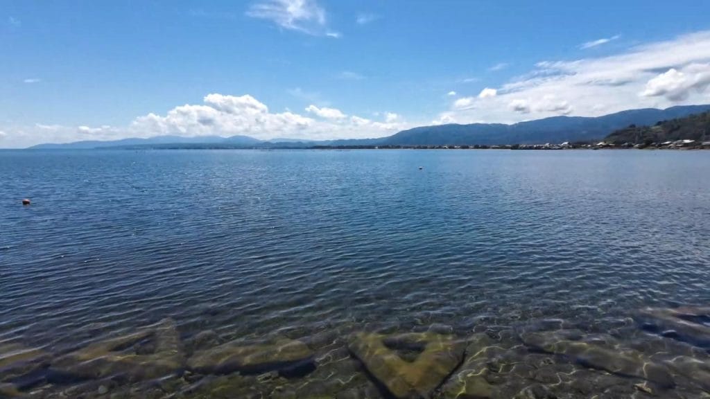 琵琶湖の海津ワンドのバス釣りポイントの護岸沖20-50ｍの対岸