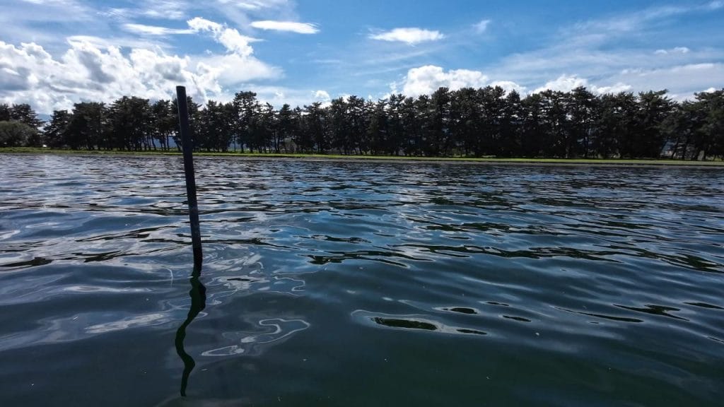 琵琶湖の中庄浜突堤のバス釣りポイントの沖70-30ｍまでの沖の様子