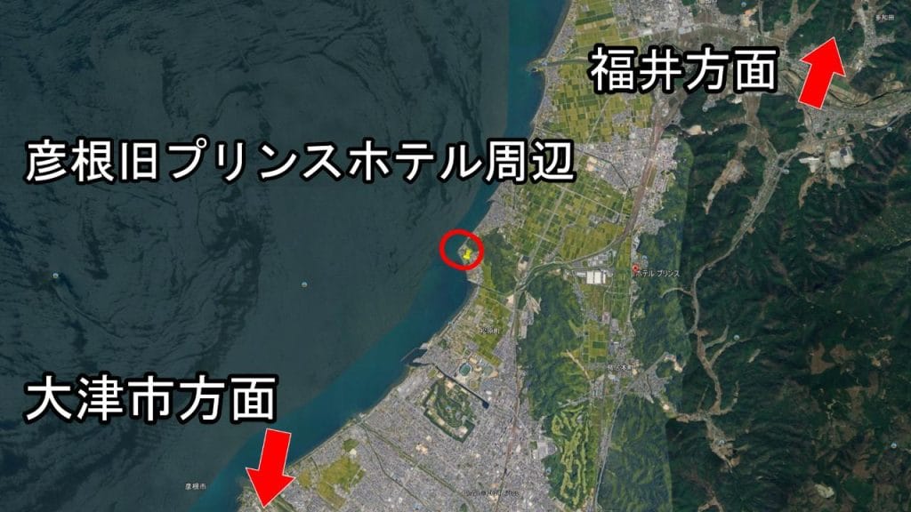 琵琶湖の彦根市にある彦根旧プリンスホテル前周辺のバス釣りのポイントの位置