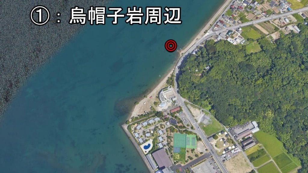 彦根旧プリンスホテル前周辺の烏帽子岩のバス釣りのポイント