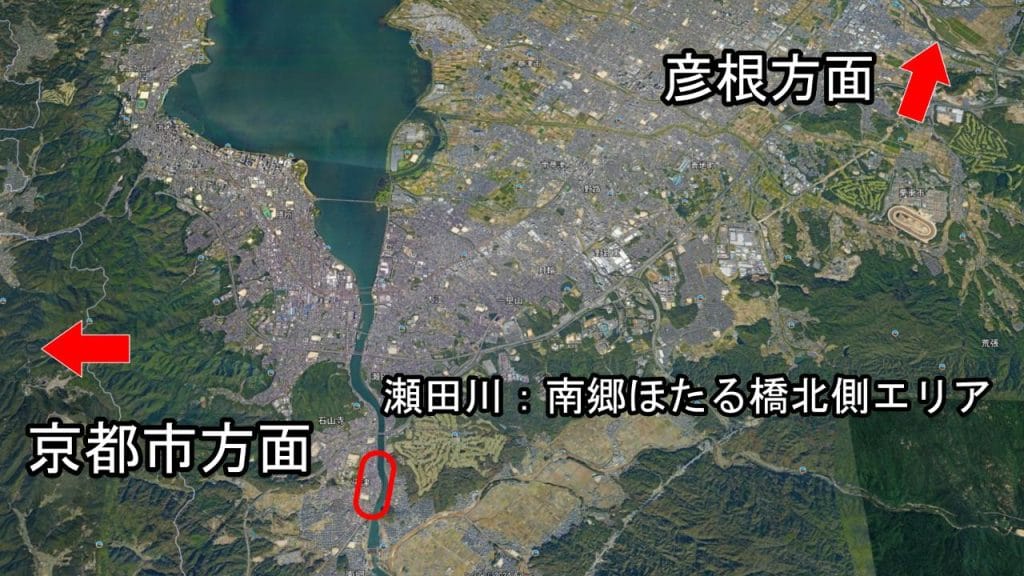 瀬田川南郷蛍橋周辺のバス釣りのポイントの位置